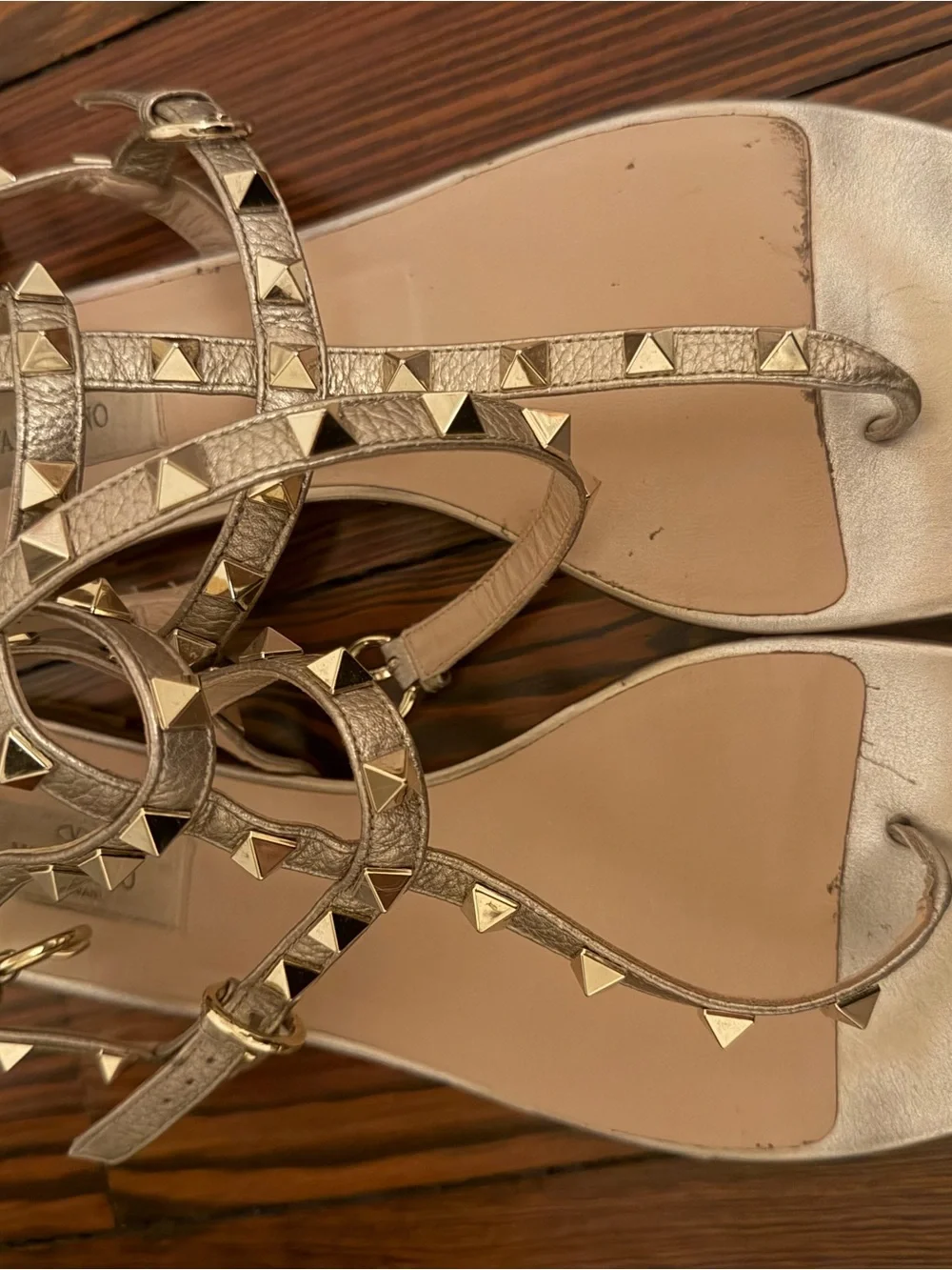 Valentino Gold Pyramid-Stud T-Strap Flat Sandals - Women